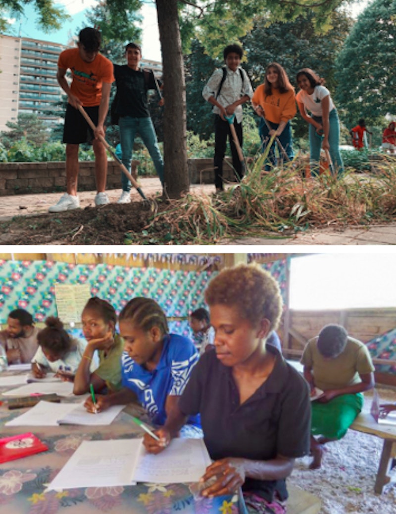 youth planting trees in the city and youth writing a test